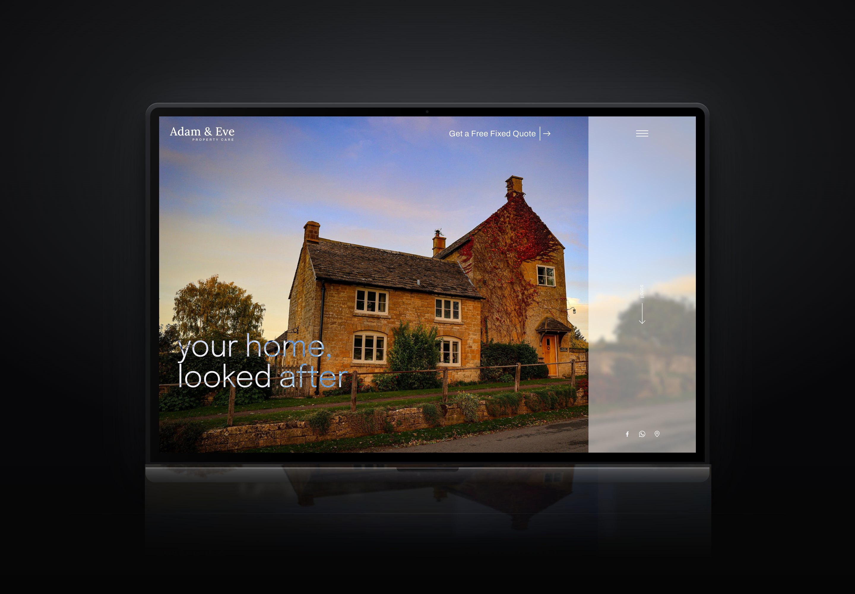 Adam and Eve Property Care website shown on a laptop