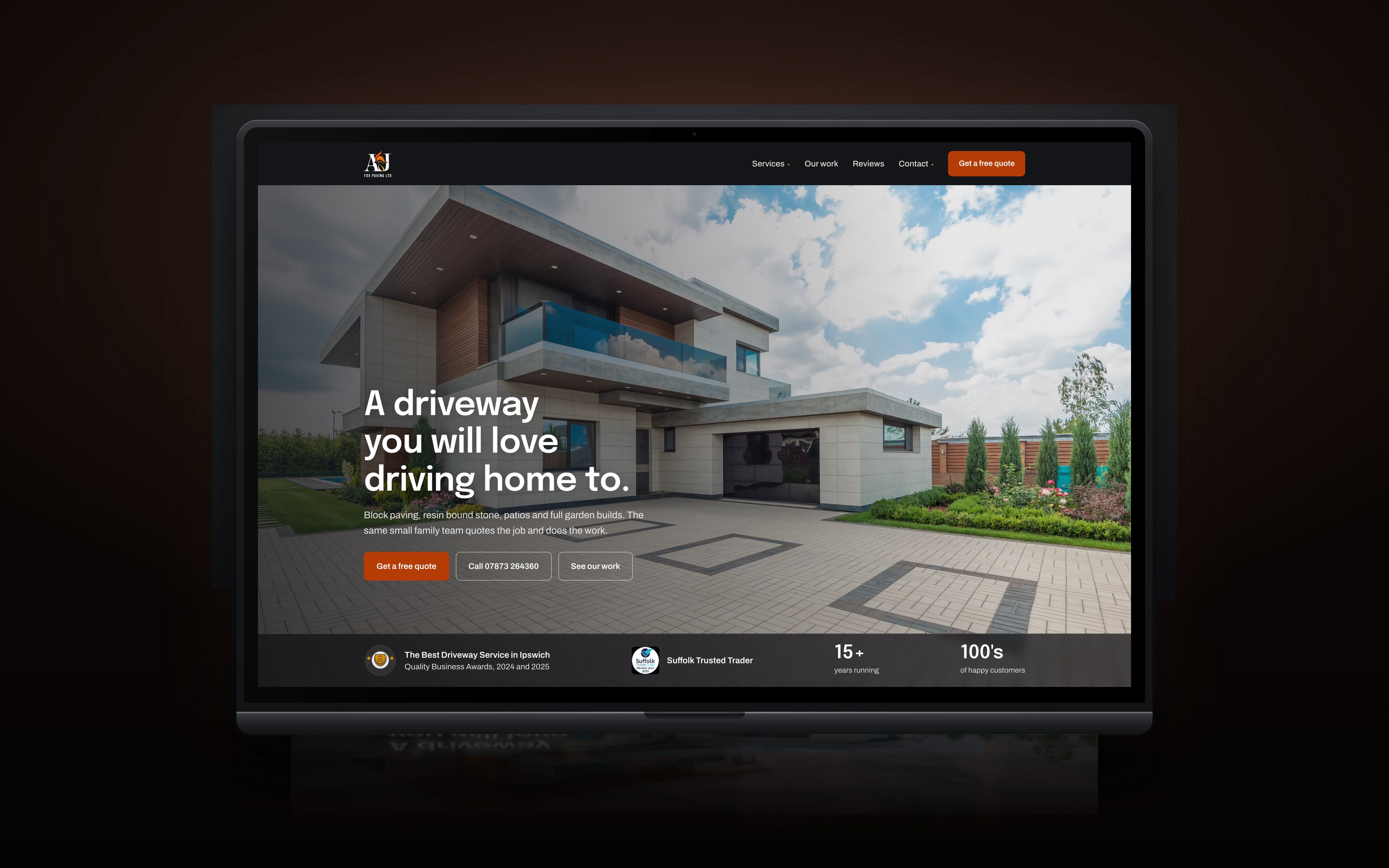 The A&J Fox Paving home page, headed A driveway you will love driving home to