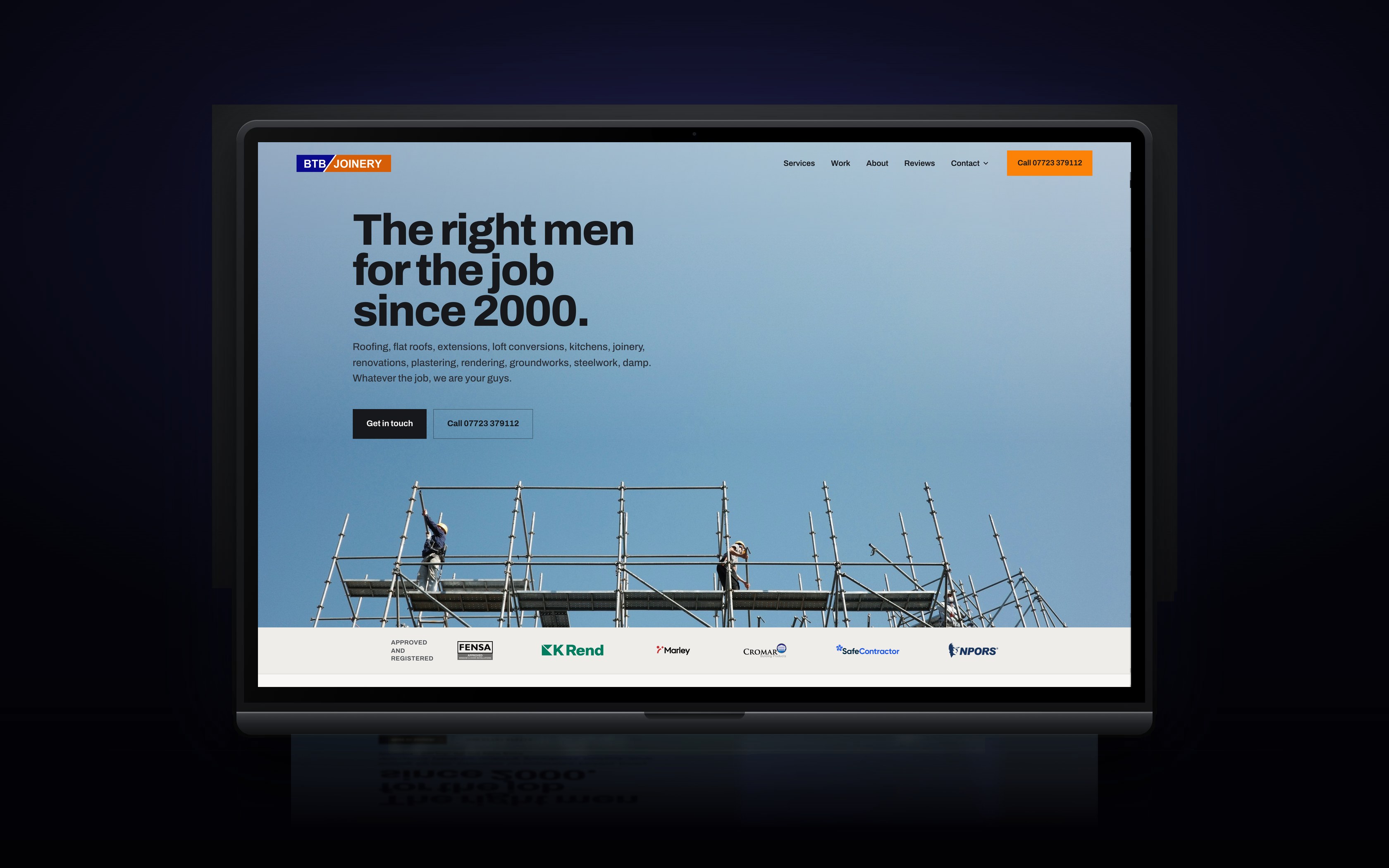 The BTB Joinery home page, headed The right men for the job since 2000