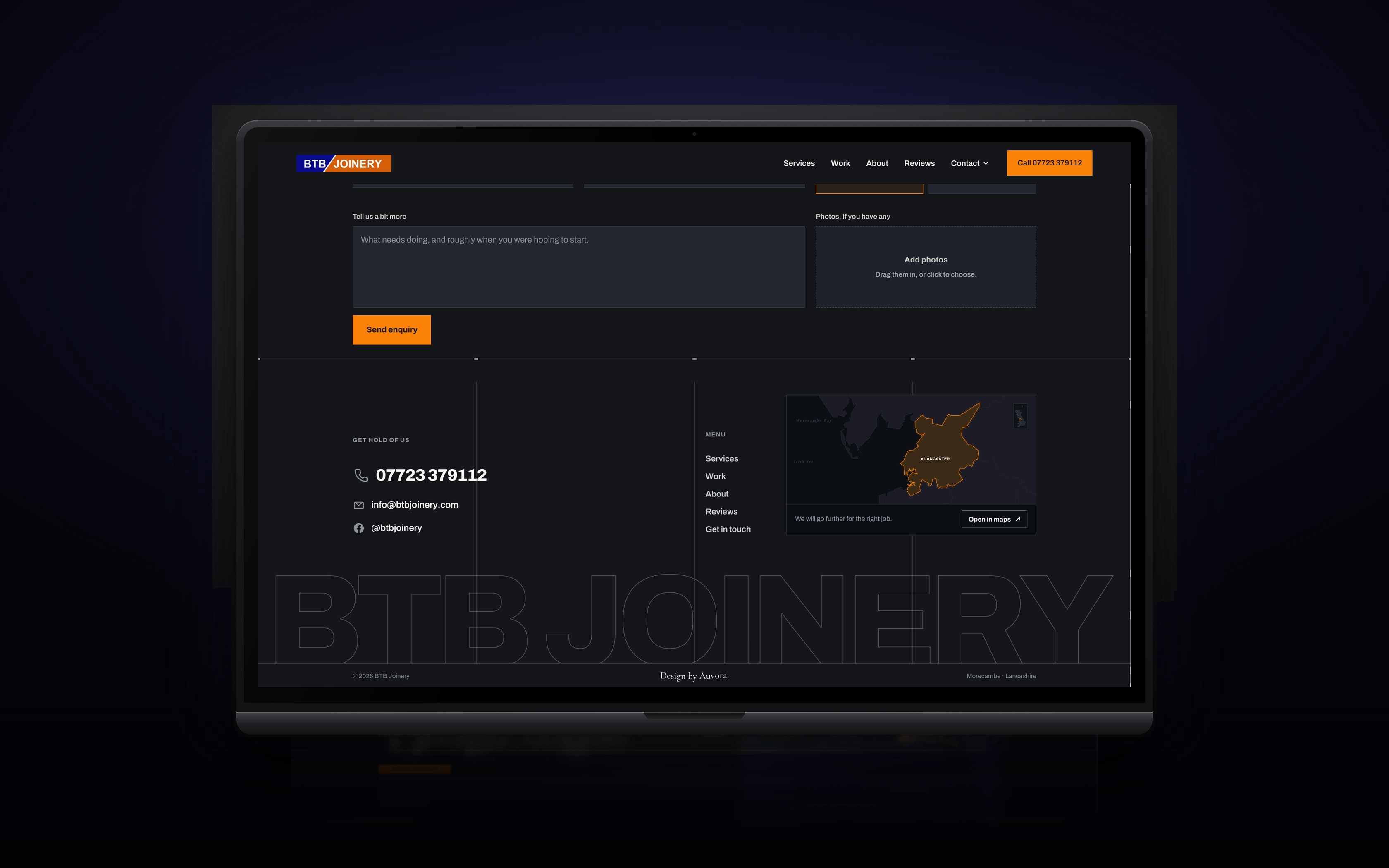 The footer, with the phone number, menu and coverage map