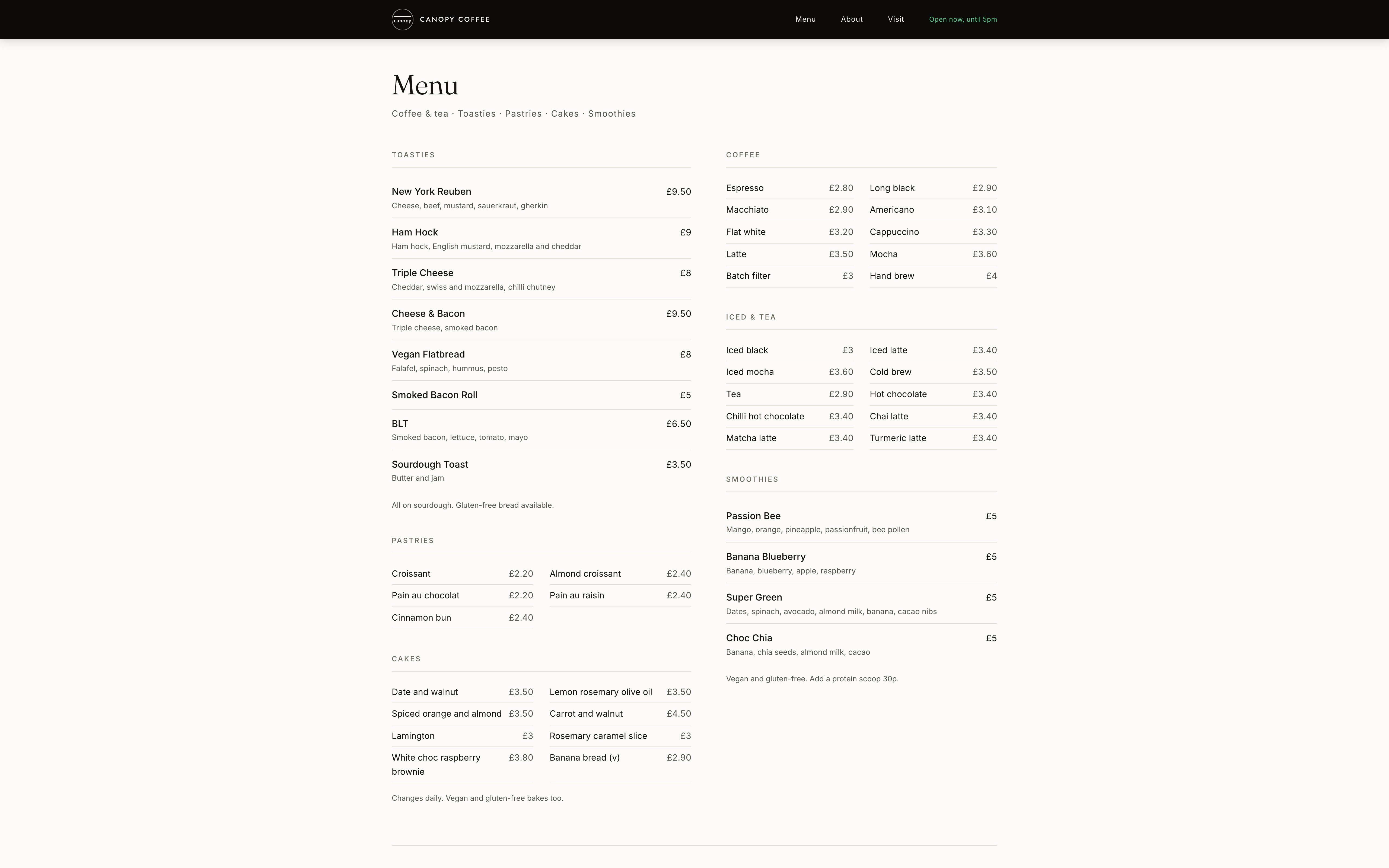 The full menu, priced