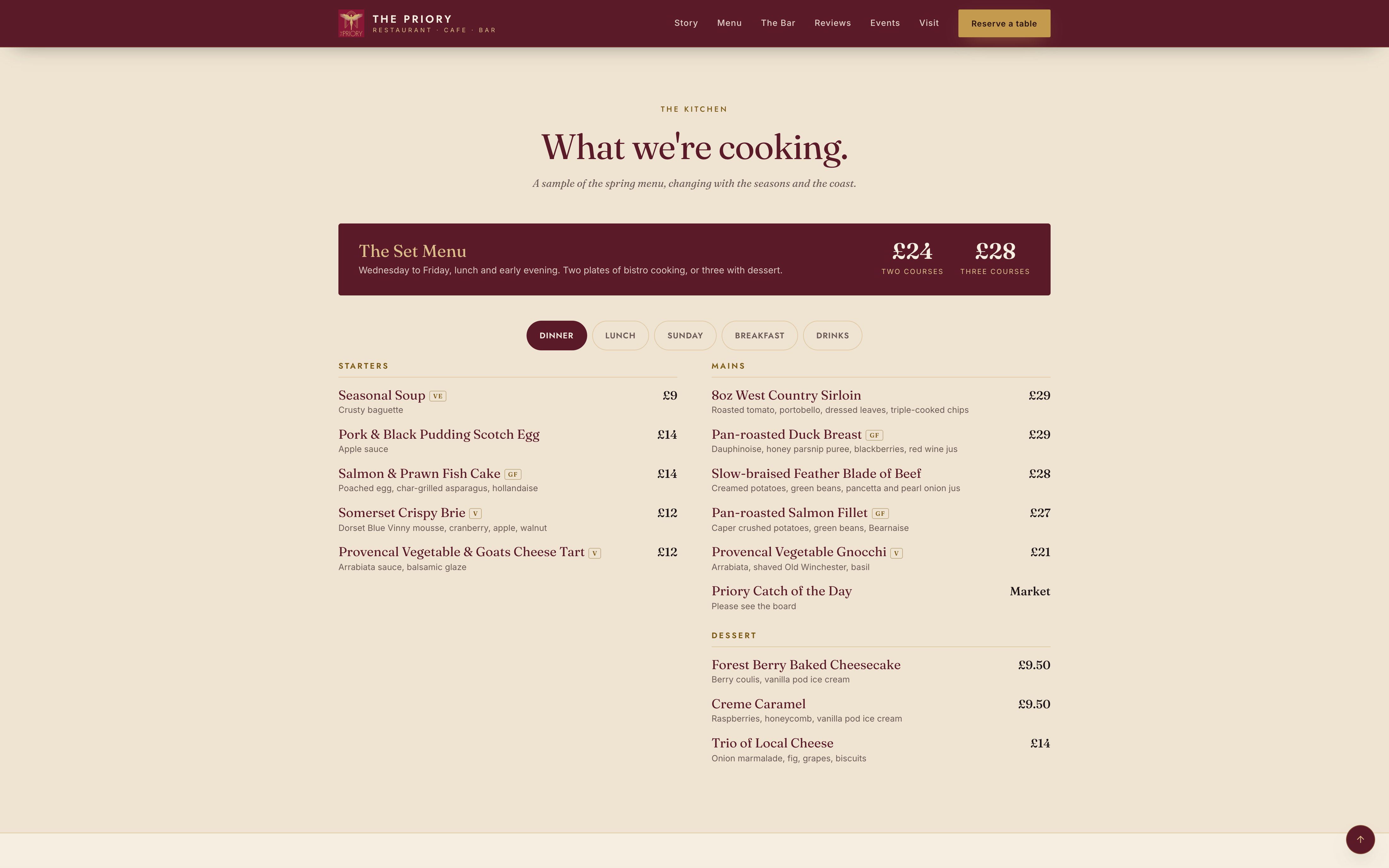 The menu, on the page