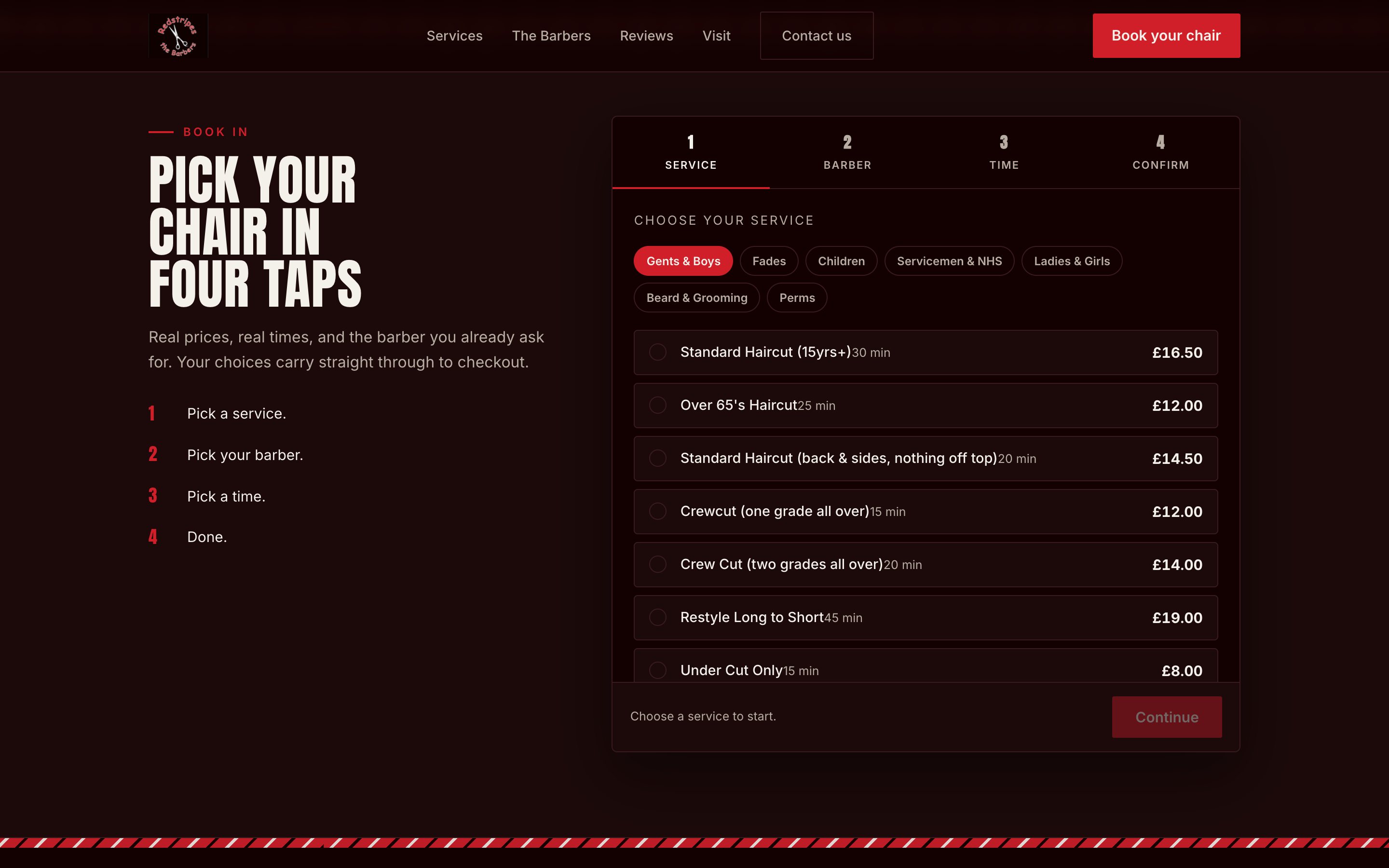 The booking flow: pick a service, barber and time