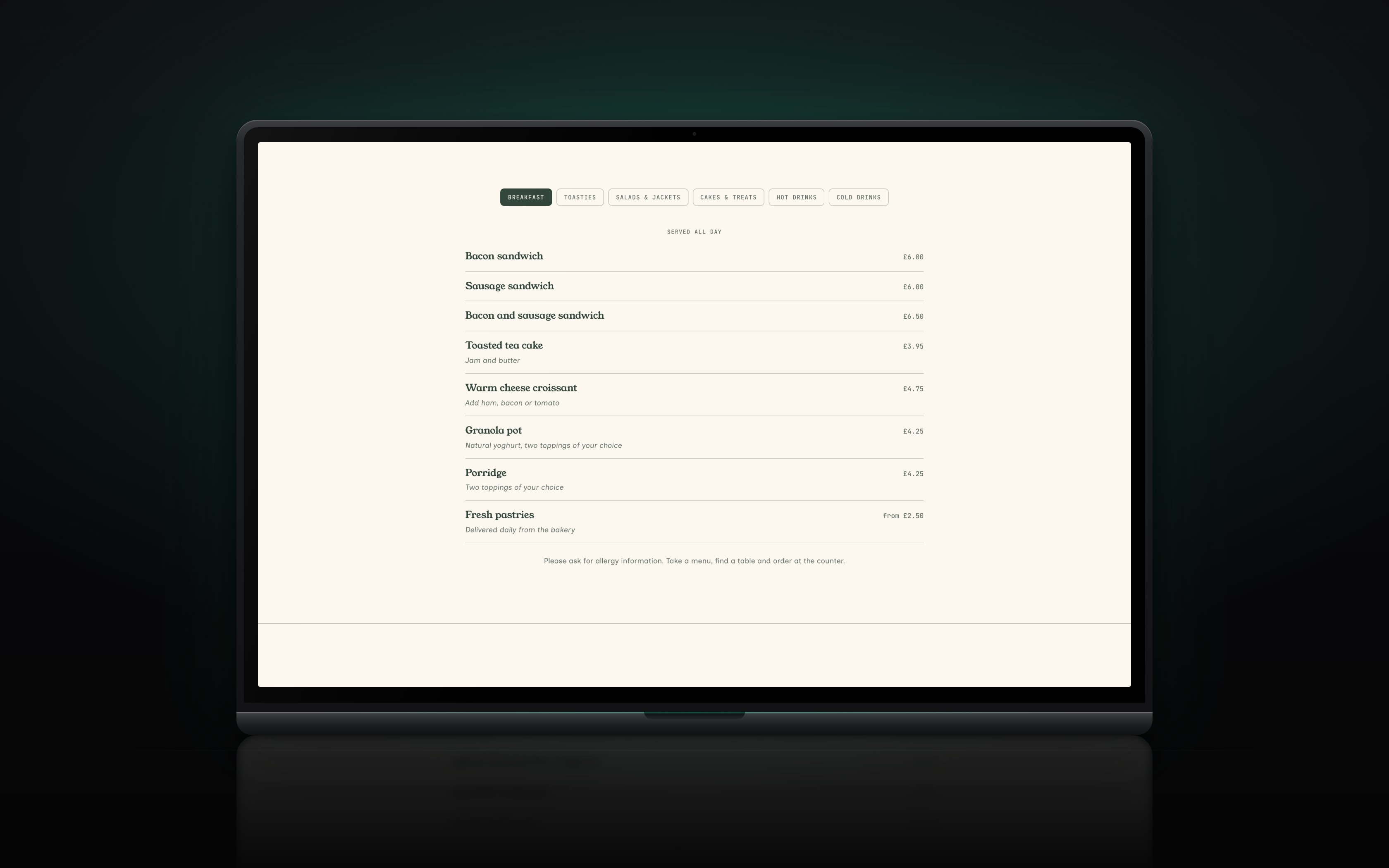 The full menu typeset on the page